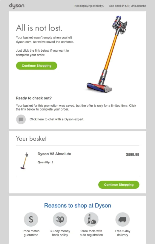 Dyson cart abandonment email